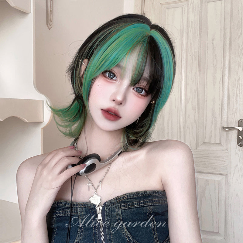 Black Green Highlights Short Wig