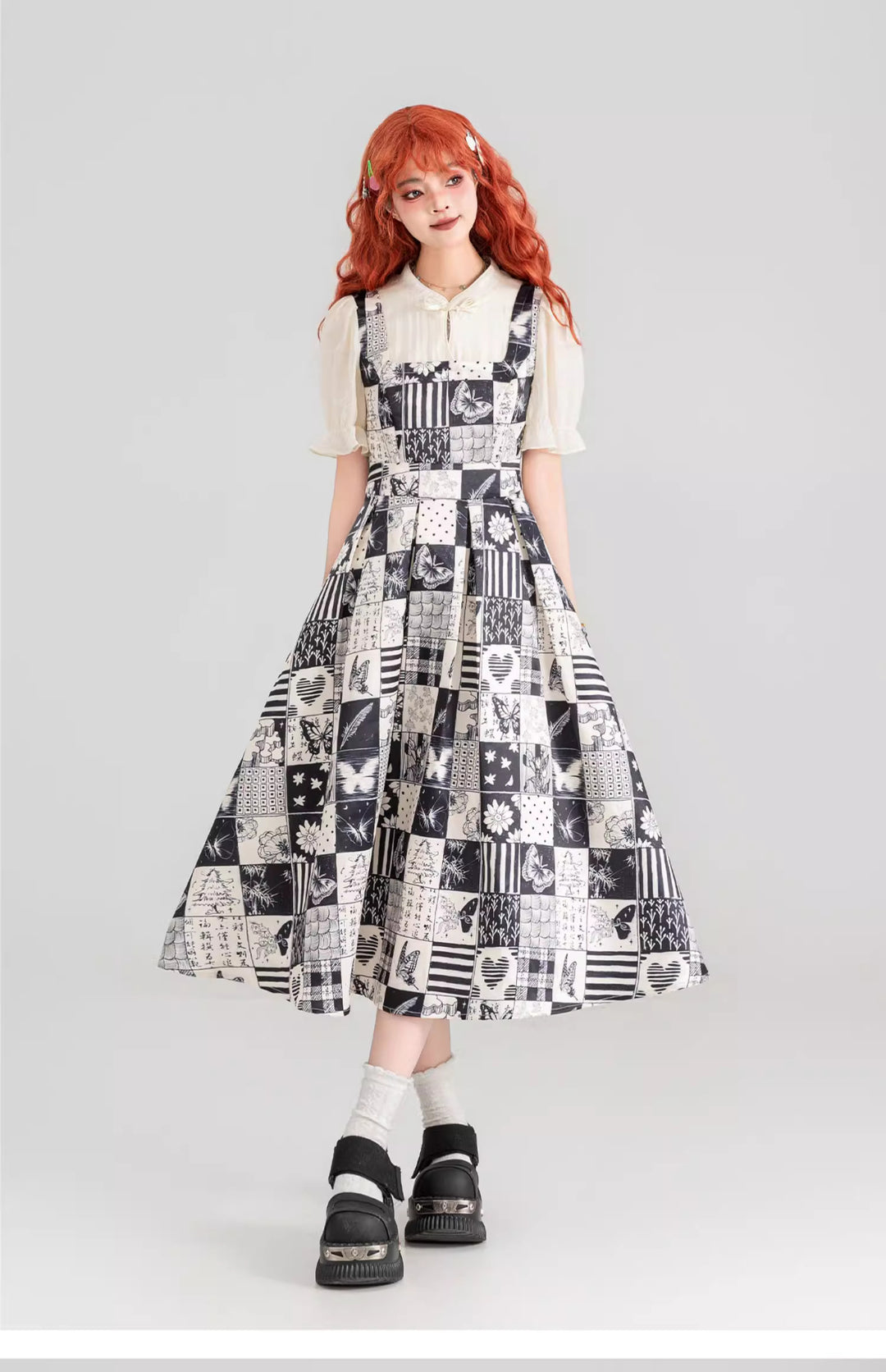 Retro Long Black White Prints Summer Dress