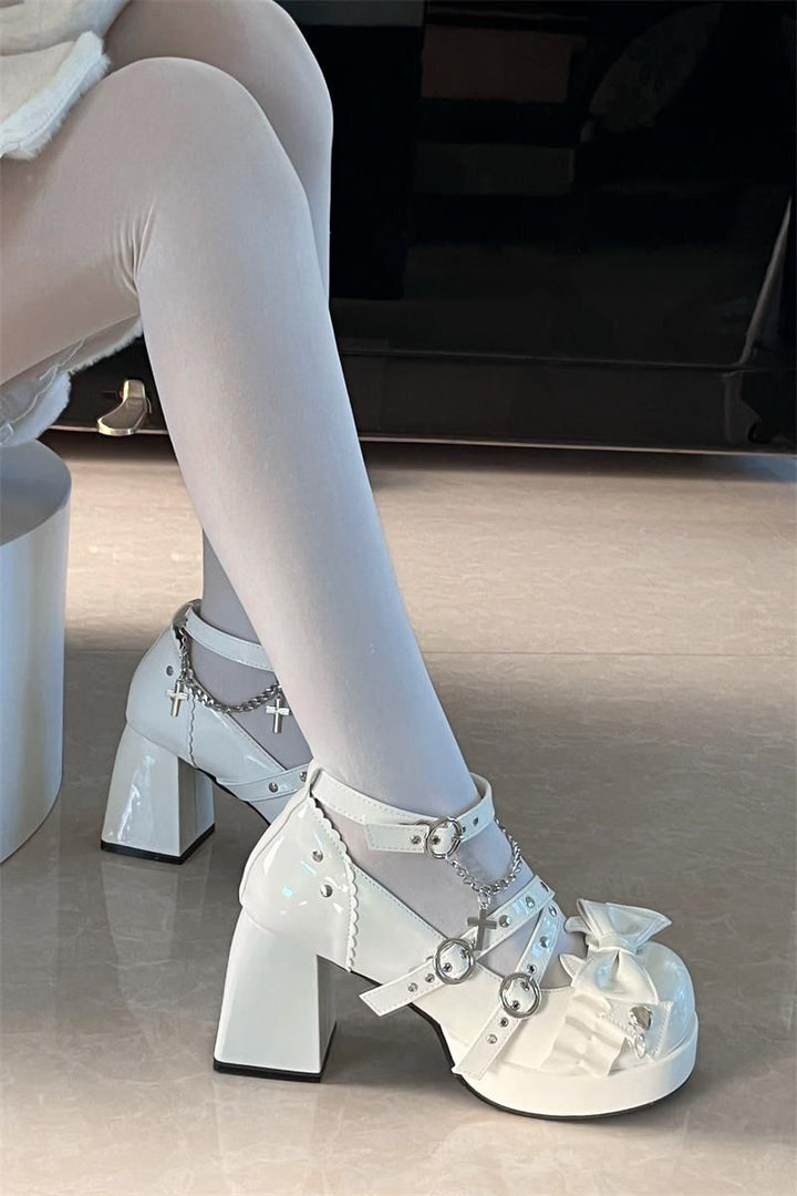 Harajuku Bow Strap Chain High-heeled Shoes