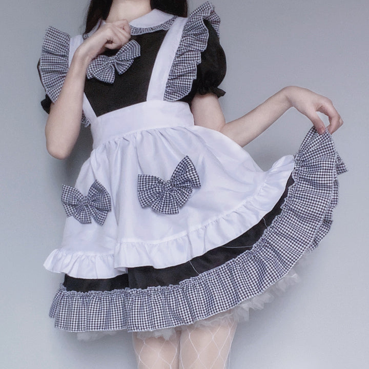Black and White Plaid Ruffle Bow Maid Dress