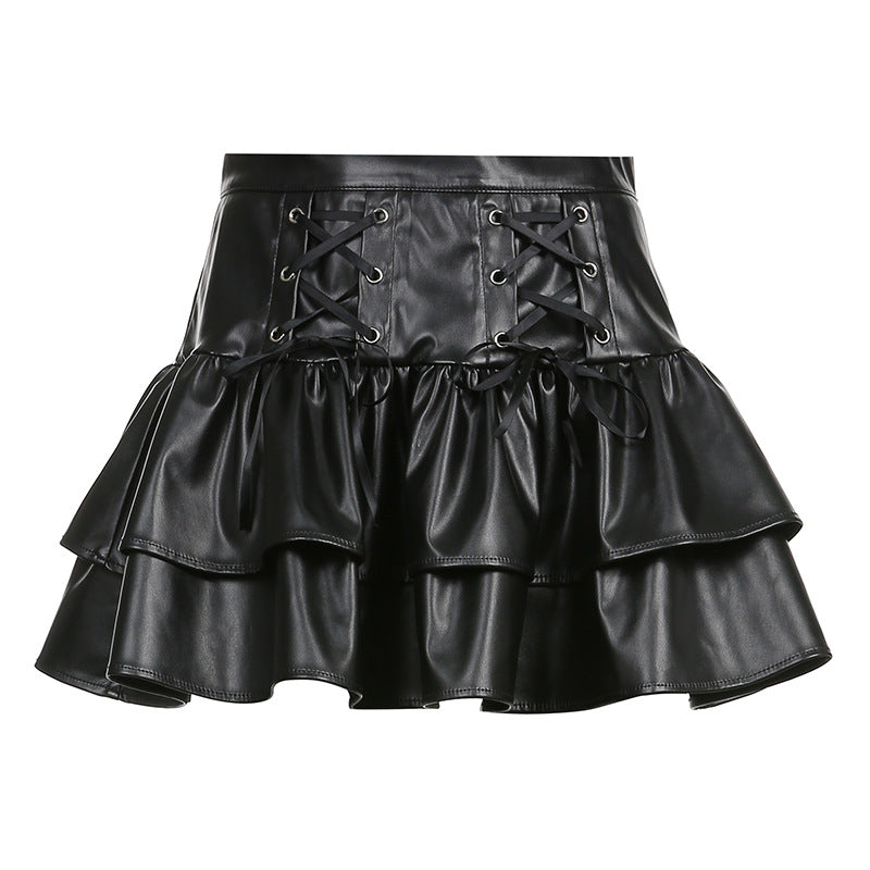 Dark Faux Leather Double Layer Skirt