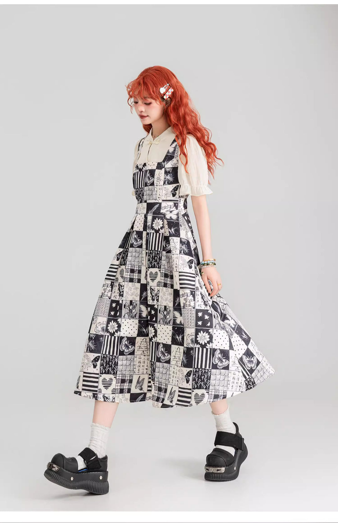 Retro Long Black White Prints Summer Dress