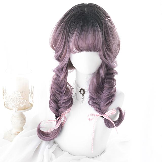 Japanese Harajuku Gradient Purple Black Curly Long Wig SD00639