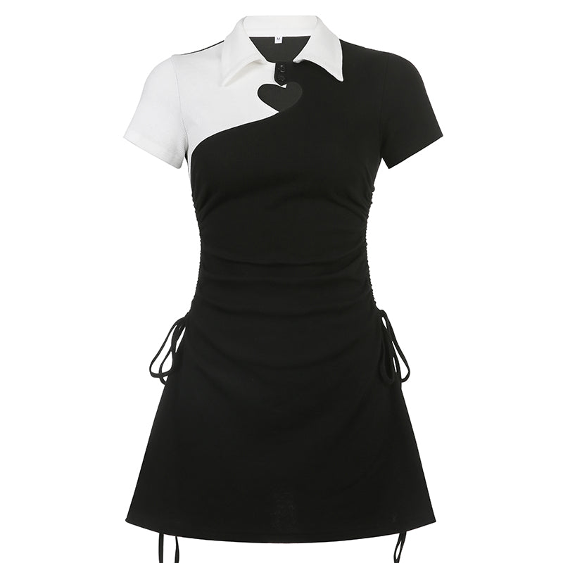 Sweet Heart Hollow Black & White Lace Slim Dress With Polo Collar SD01812