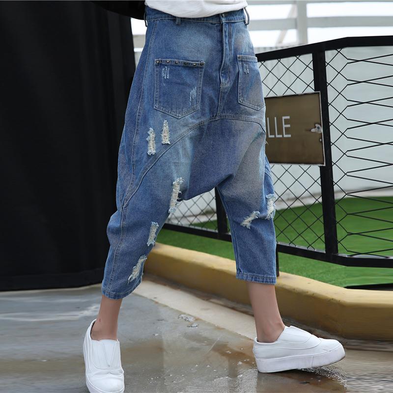 Ripped Loose Denim Street Pants - Blue, L