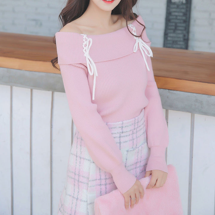 Cross Strings Pink Shoulder-less Sweater SD00279 - SYNDROME - Cute Kawaii Harajuku Street Fashion Store