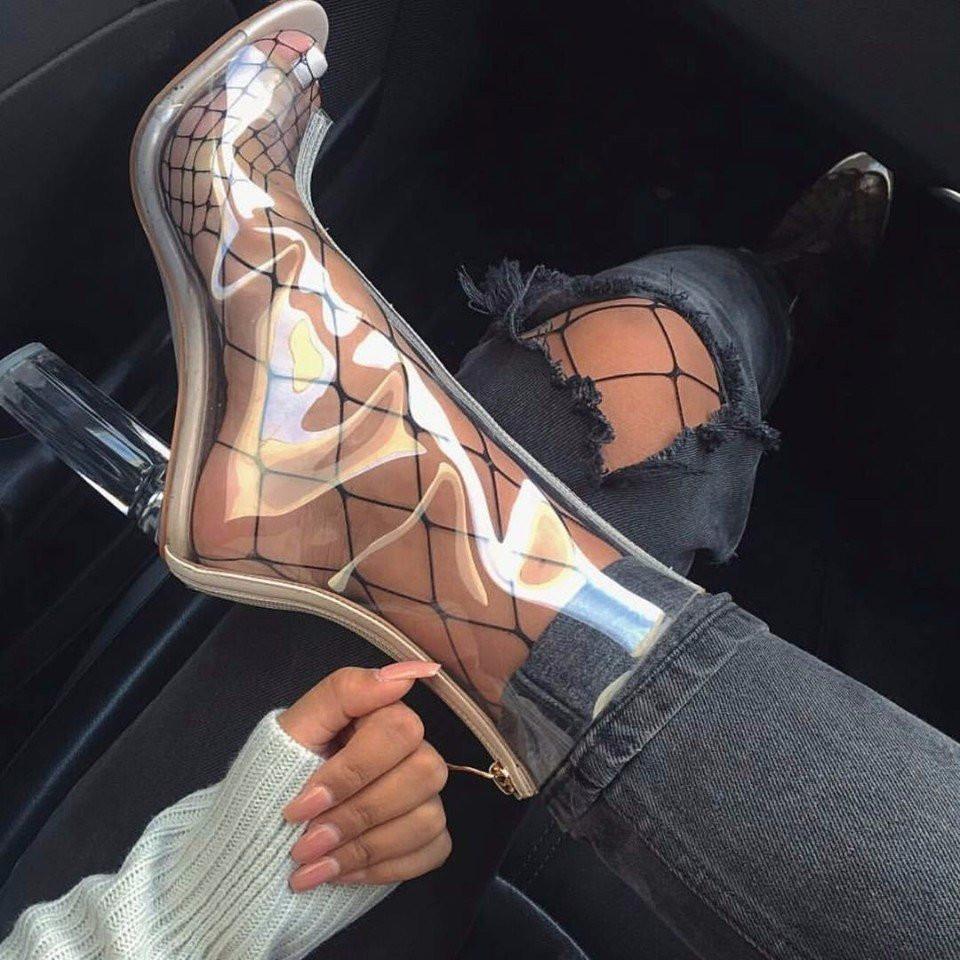 Korean Fashion Transparent Open Toe Chunky High Heel Boots Shoes