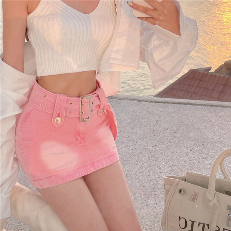Wide Belt Pink Denim Skirt SD01816