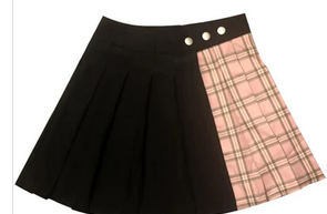 Black Pink Plaid Pleated Skirt SD00723