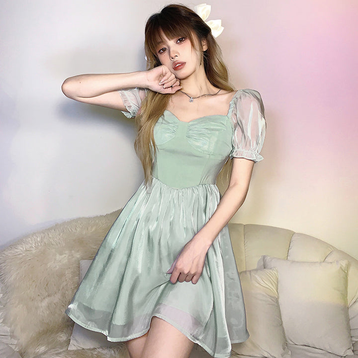 Gauze Fairy Green Puff Sleeve Dress