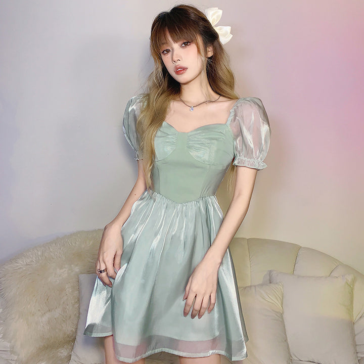 Gauze Fairy Green Puff Sleeve Dress