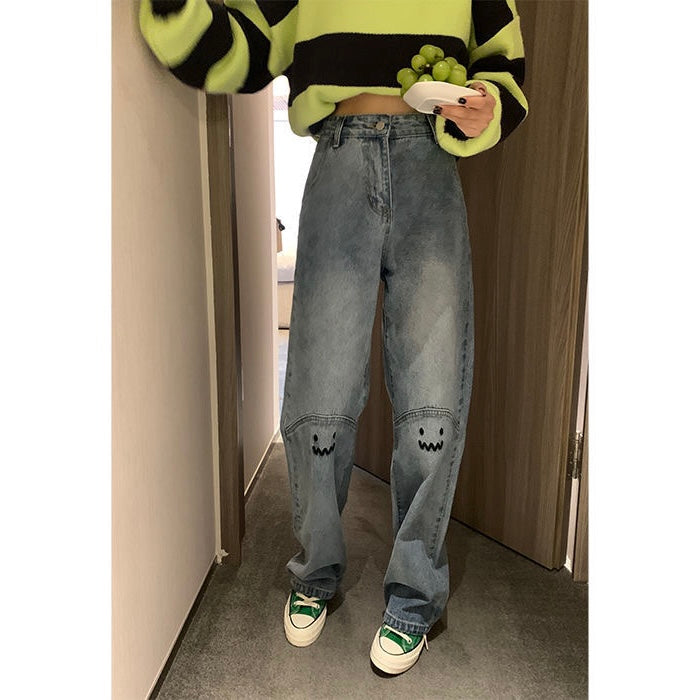 Embroidered Face Emoji Loose Pants