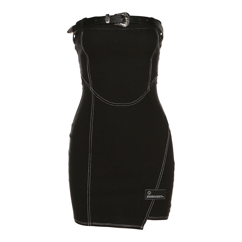 Sleeve-less Slim Short Buckle Strap Dress