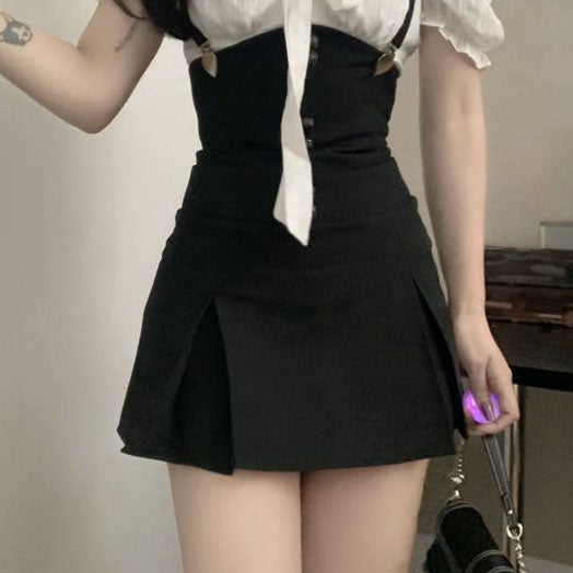 Ruffle Puff Top Suspender Skirt Outfit