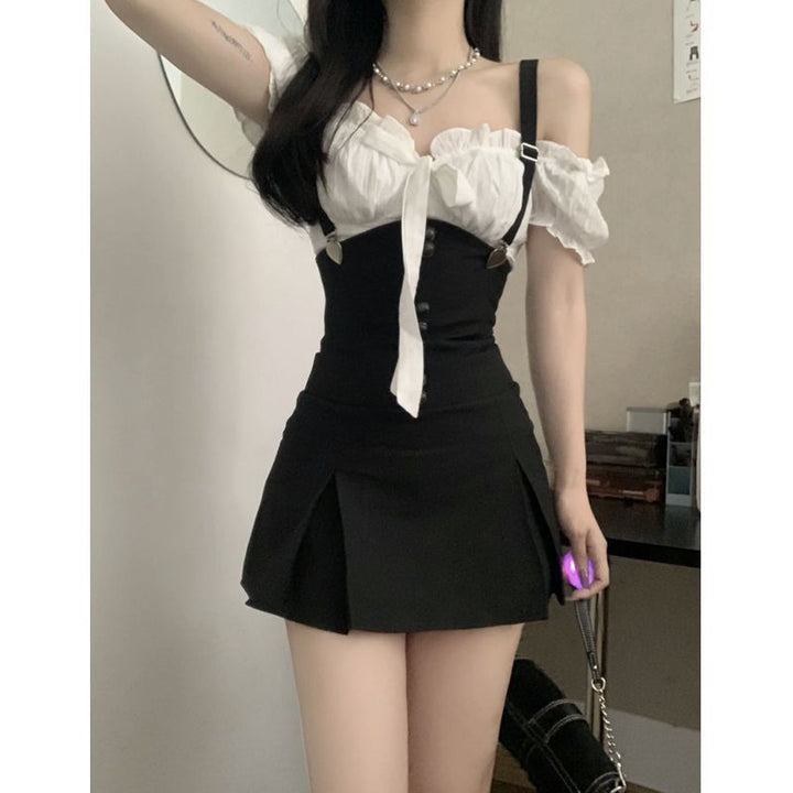 Ruffle Puff Top Suspender Skirt Outfit