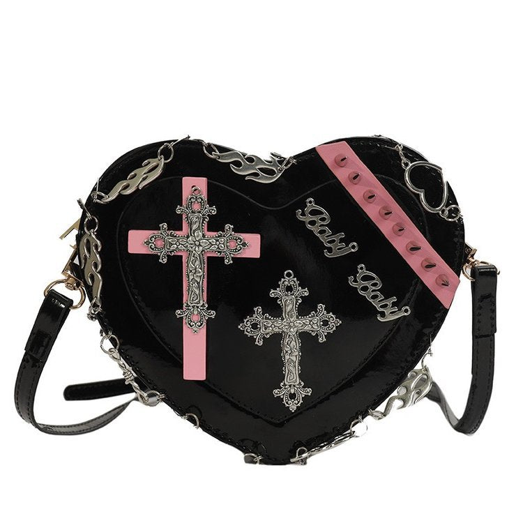 Gothic Heart Shaped Blade Zipper Chain Bag Shoulder Crossbody Bag for Women  and Girls (Red)