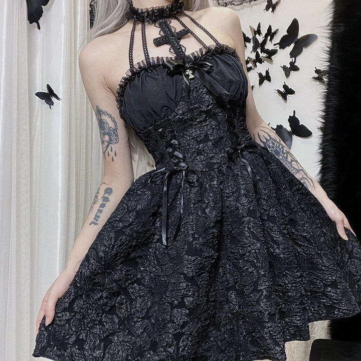Elegant Lace Cross Collar Dress