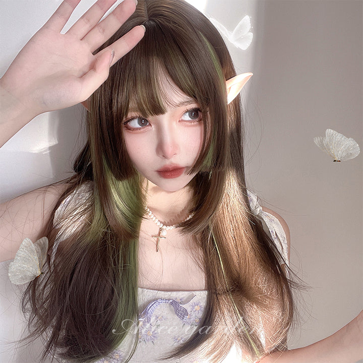 Japanese Lolita Elf Brown green Long Wig