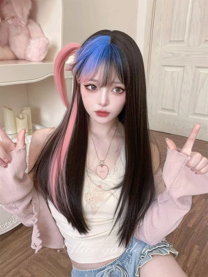 Harajuku Black Pink Blue Long Straight Wig