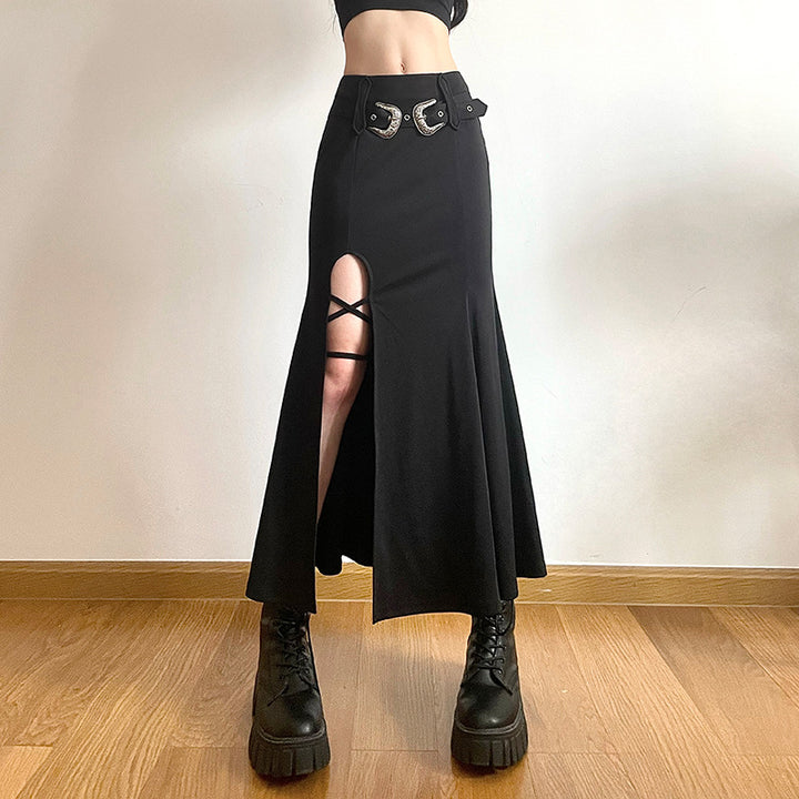Dark Long Open Buckle Belt Skirt