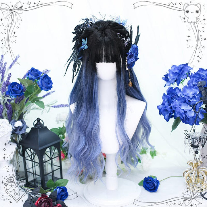 Japanese Lolita Gradient Blue Black Long Wavy Wig SD02278