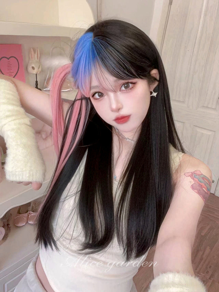 Harajuku Black Pink Blue Long Straight Wig