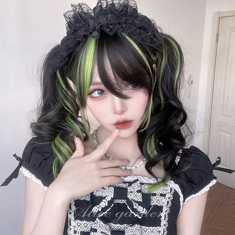 Curly Black Neon Green High Light Wig