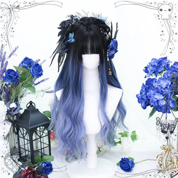 Japanese Lolita Gradient Blue Black Long Wavy Wig SD02278