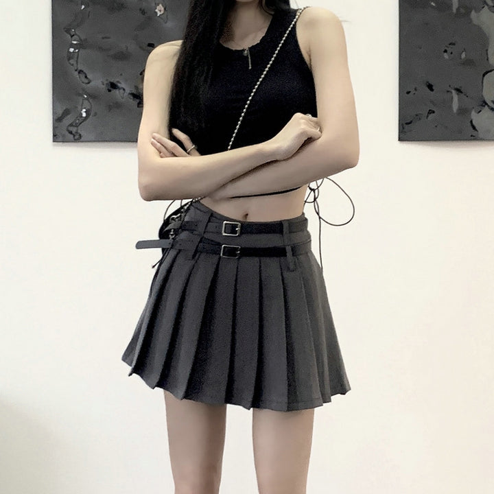 Double Belt Pleated Skirt