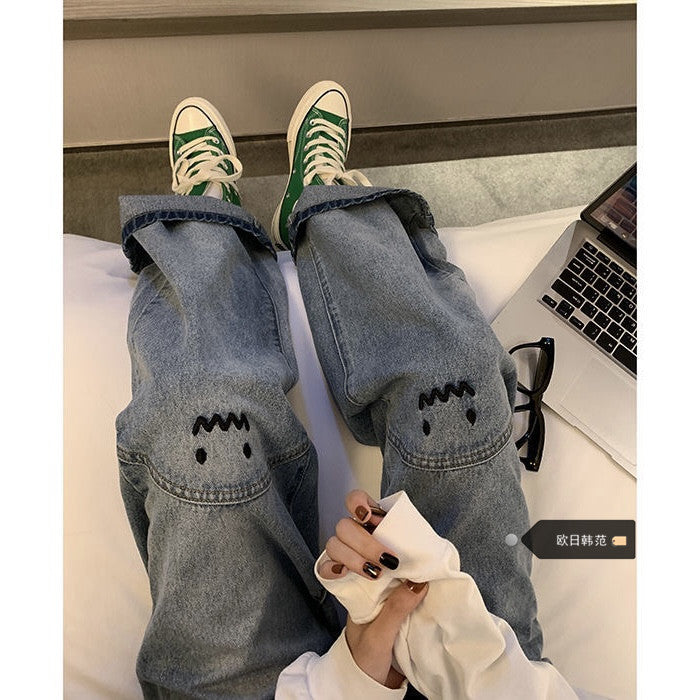 Embroidered Face Emoji Loose Pants