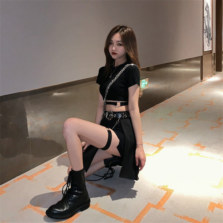 K-Pop Style Open Skirt Shorts Top Outfit