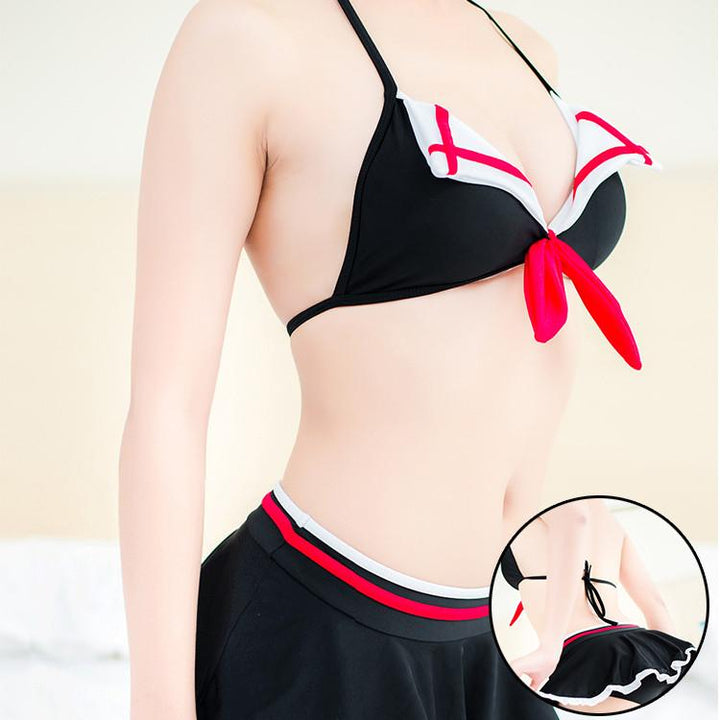 School Girl Black Red Bow Bikini Swimsuit