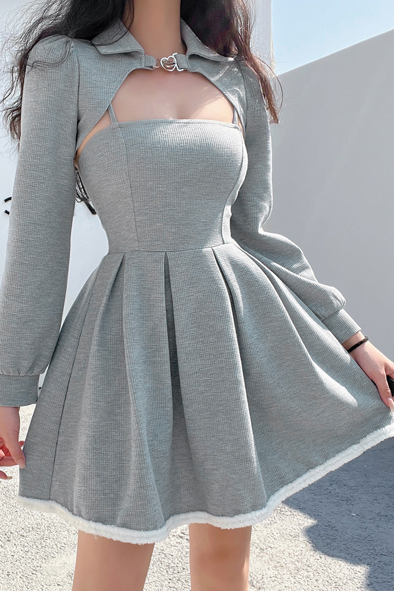 2 Piece Love Buckle Grey Top Overall Dress SD01801