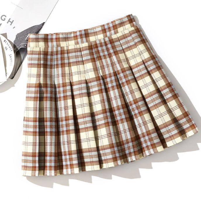 Apricot Brown Plaid Pleated Skirt SD00695