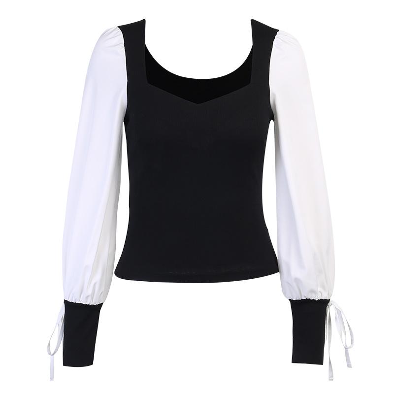 Black White Lace Up Sleeve Shirt SD00878