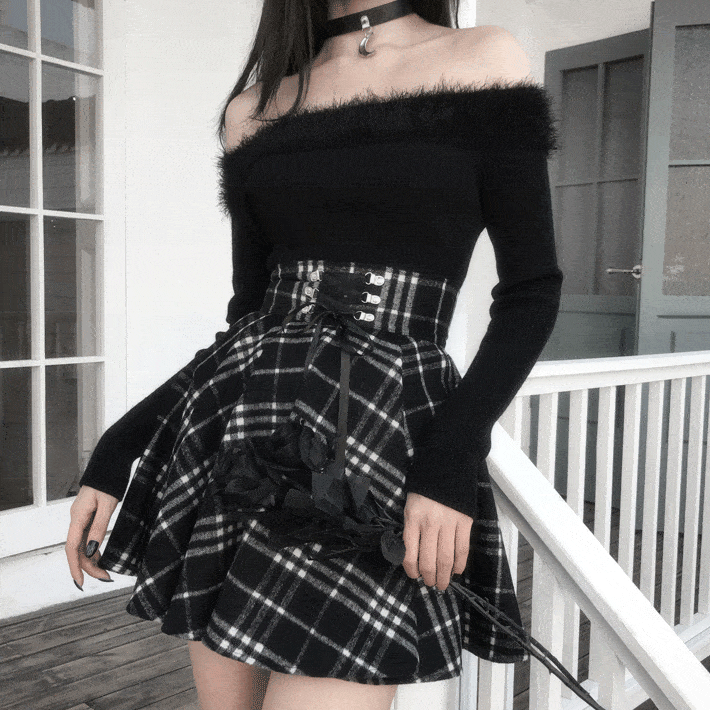 Black White Plaid Pleated Skirt