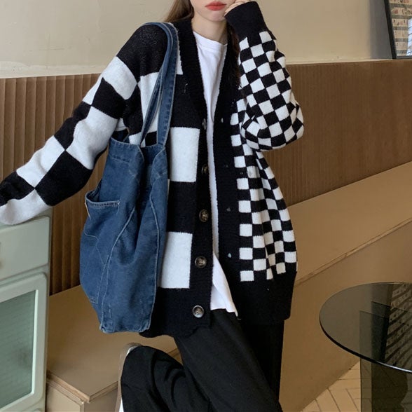 Black and sale white checkered cardigan