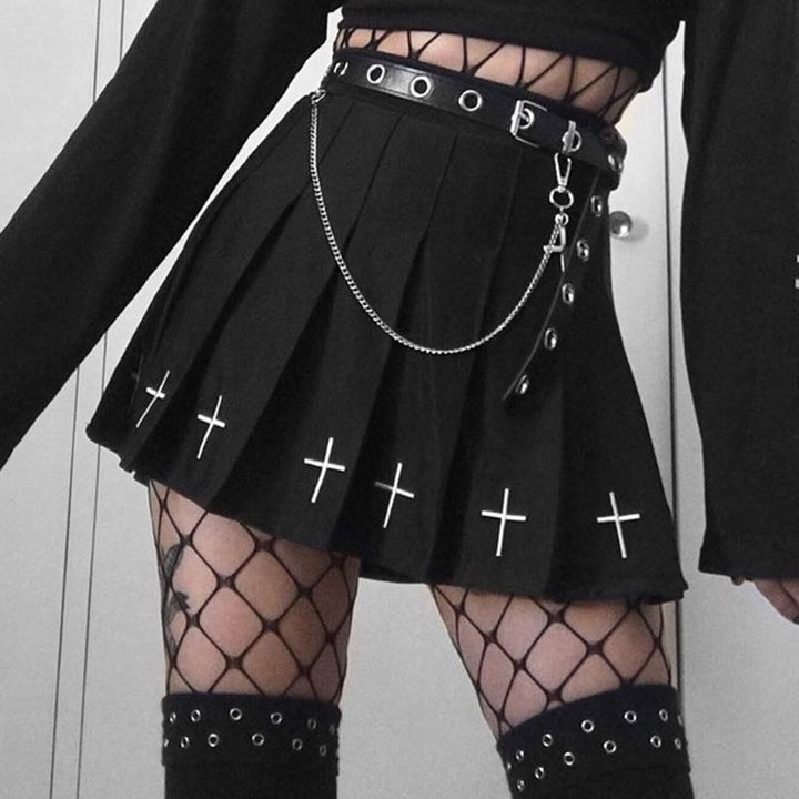 Cross Pleated plaid Black Skirt SD00877