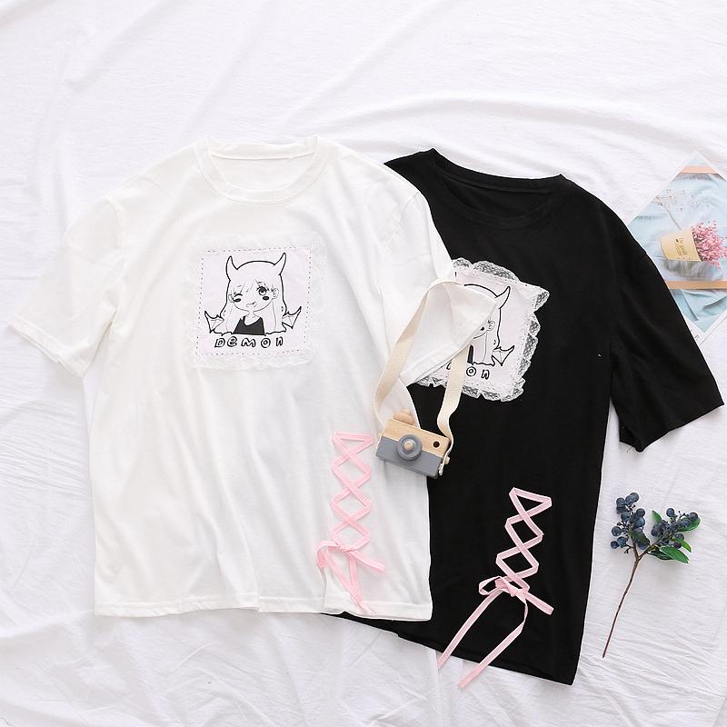 Japanese Harajuku Summer White Black Demon Girl Ribbon T-shirt SD00532 ...