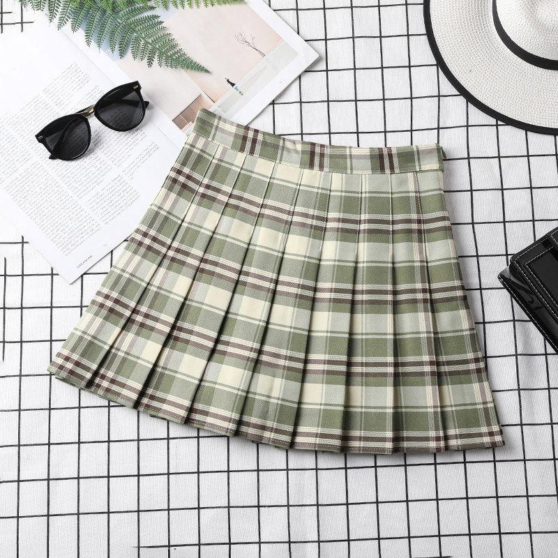 Green Plaid Pleated Skirt SD00697