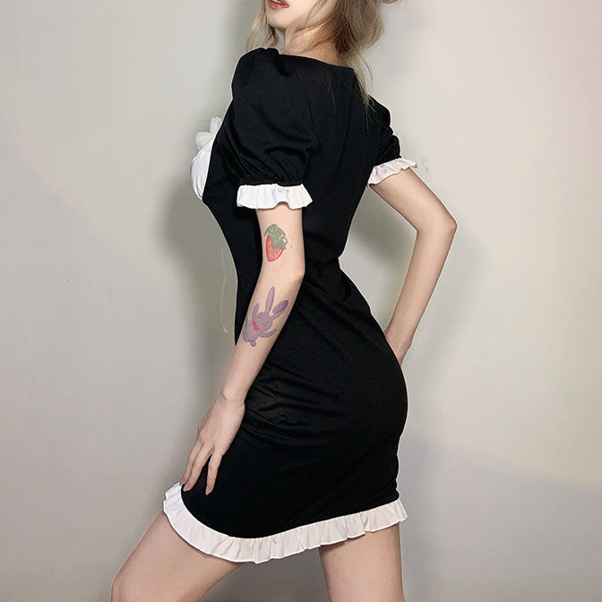 Lace Ribbon Puff Sleeve Black & White Slim Dress SD01803