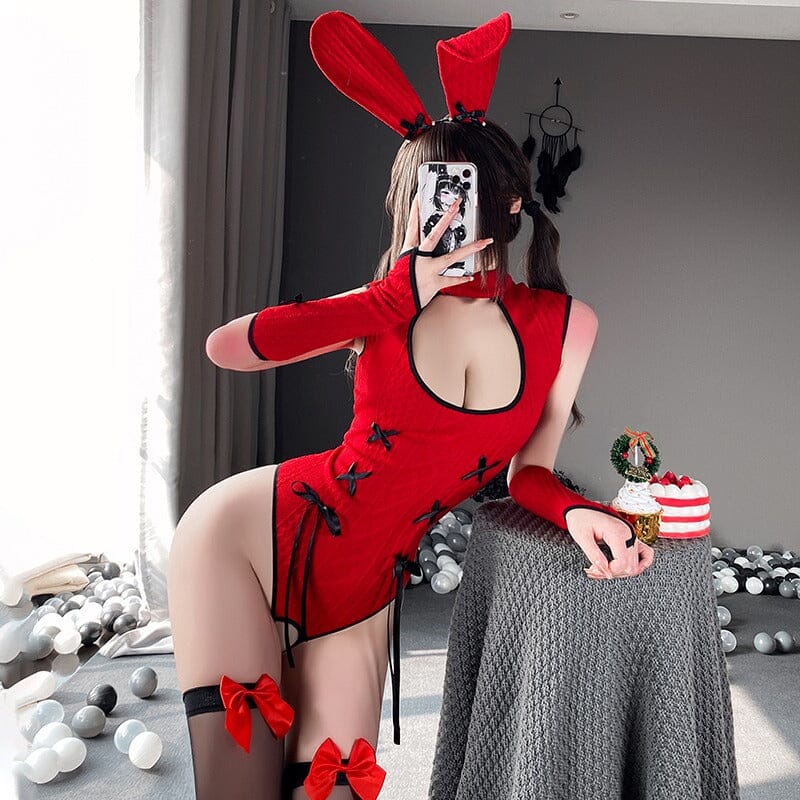 New Year Sexy Red Knitted Bodysuit Bunny SD02117