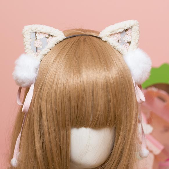 Cherry Blossom Fur Ball Cat Ears Headband SD00324 - SYNDROME - Cute Kawaii Harajuku Street Fashion Store