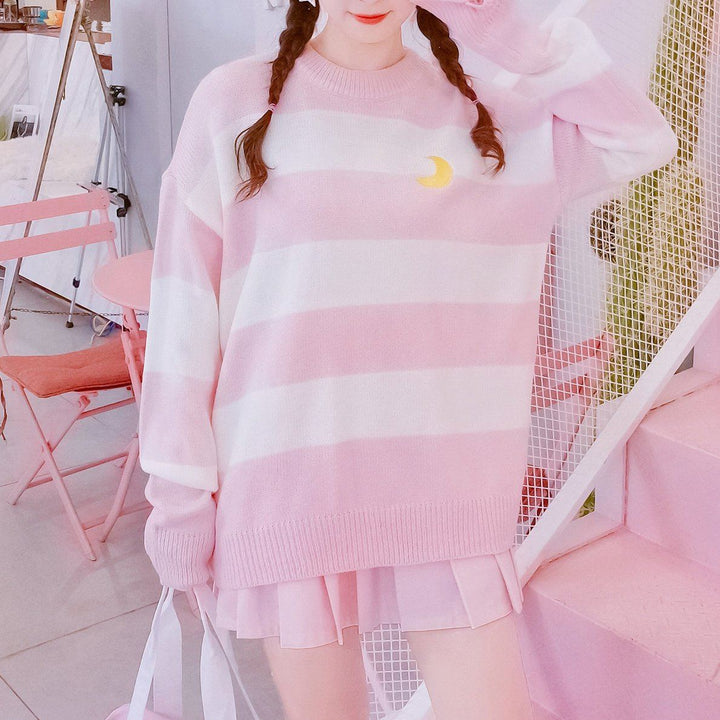 Striped Moon Embroidered Sweater SD00425 - SYNDROME - Cute Kawaii Harajuku Street Fashion Store