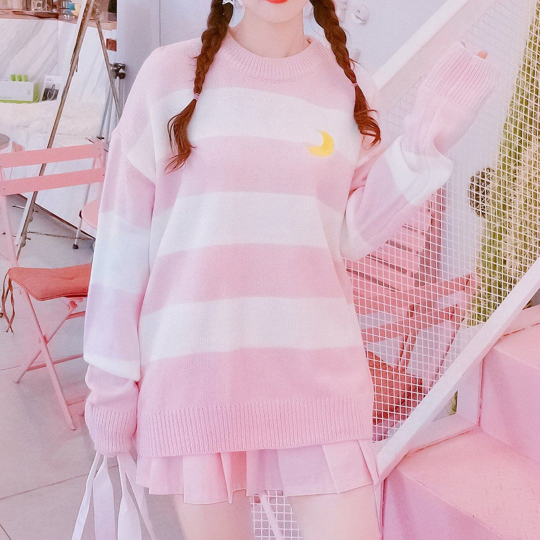 Striped Moon Embroidered Sweater SD00425 - SYNDROME - Cute Kawaii Harajuku Street Fashion Store