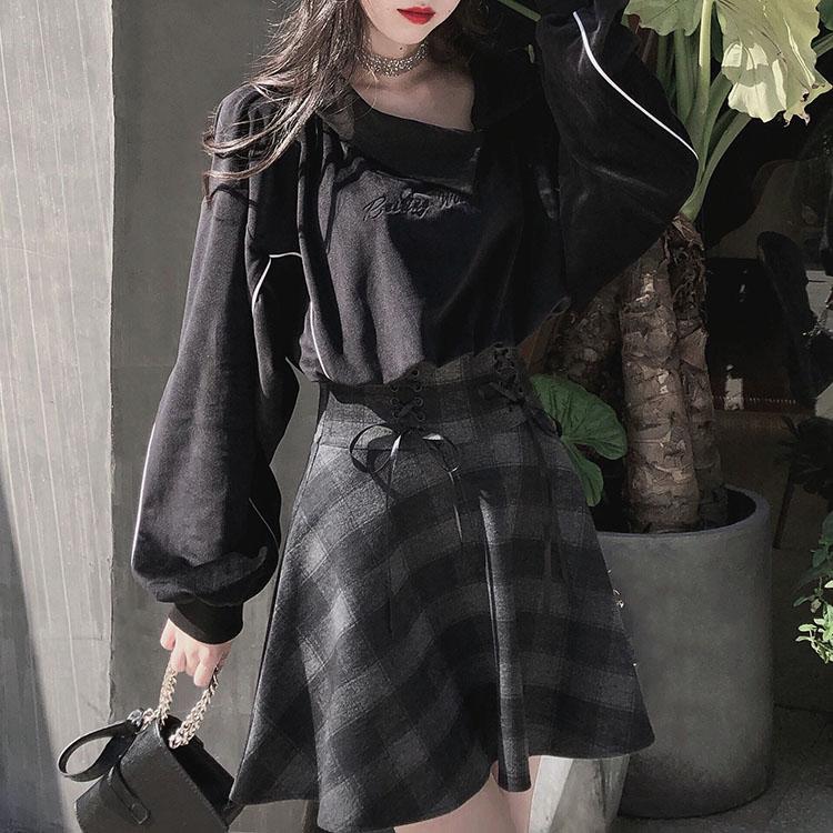 Japanese Grunge Velvet Witch Face Sweater Plaid Grey Skirt SD00341 ...