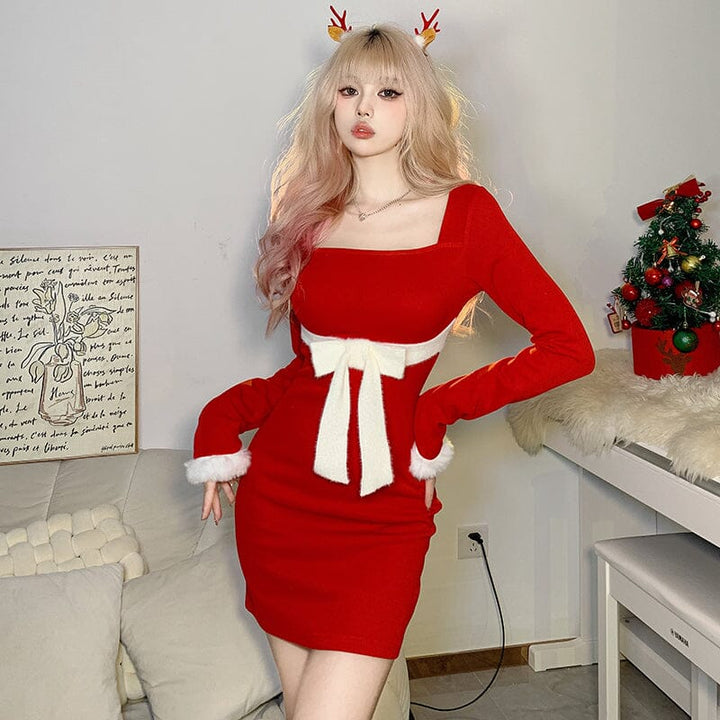 Christmas Slim Bow Waist Red Dress SD02067