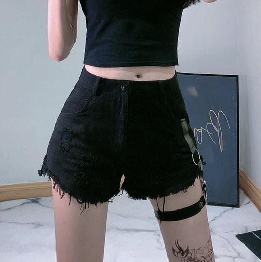 Korean Summer Grunge Punk Street Leg Garter Ripped Shorts SD01442