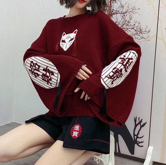 Cartoon fox embroidery tassels best sale sweater pullove