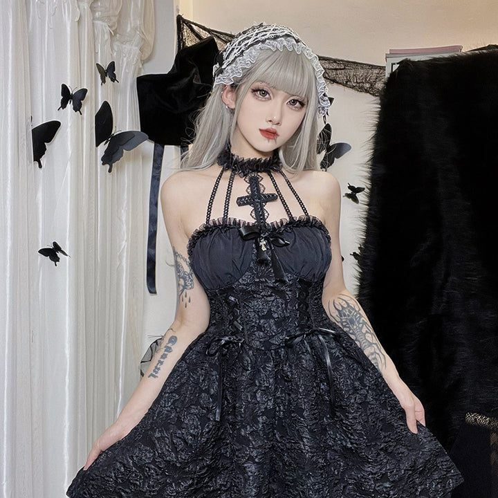 Japanese Harajuku Lolita Black Laced Waist Cross Dress